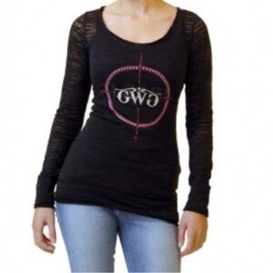 GWG Girls With Guns Sheer Top Shirt Rhinestone Scope Sight Bling Western Black M